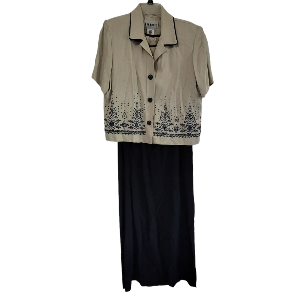 Studio I Navy Blue and Cream Tank Maxi Dress and Short Sleeve Jacket Size 12